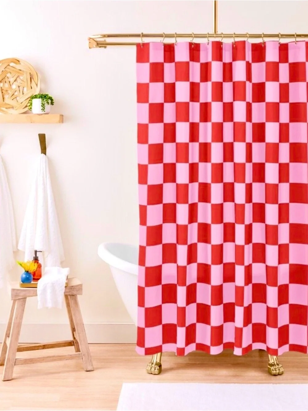 Elle Decor Femme Modern Vintage Pink & Red Checkered Bathroom Shower Curtain
